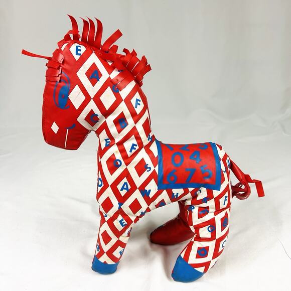 Vintage Vinyl Oil Cloth Stuffed Plush Horse Pony Red Blue Alphabet Numbers 13” - Picture 3 of 8